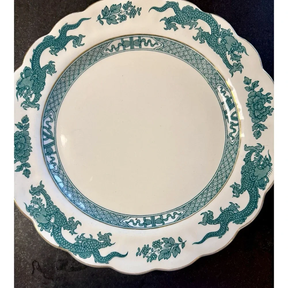 2-Antique Booth, Turquoise Dragon Plate/platter +Scalloped Edge England 10